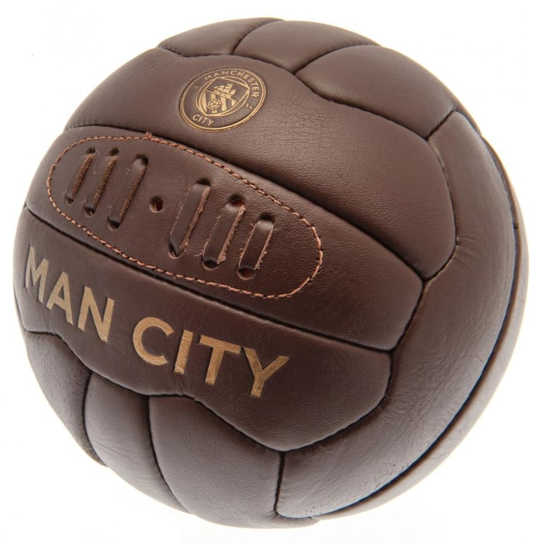 Manchester City FC Genuine Leather Retro Heritage Football - 18 Panel Ball with Gold Debossed Print and Man City Crest