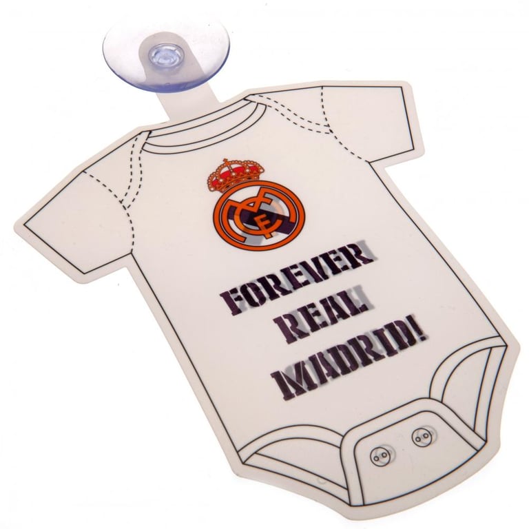 Real Madrid CF Baby On Board Sign - White Bodysuit Design with Madrid Crest and Car Safety Notice