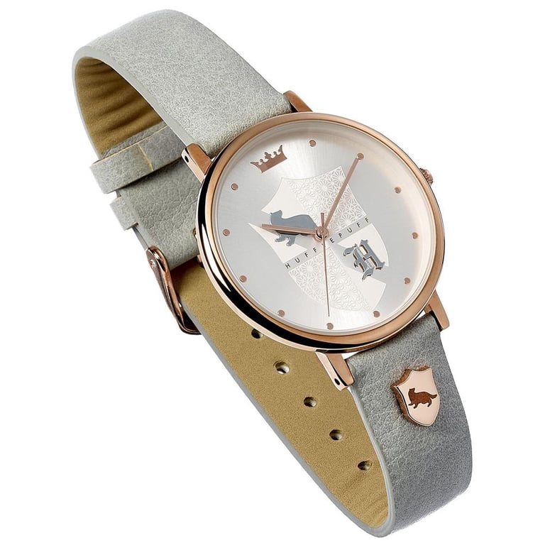 Harry Potter Hufflepuff Ladies Rose Gold Plated Watch with Grey Leather Strap