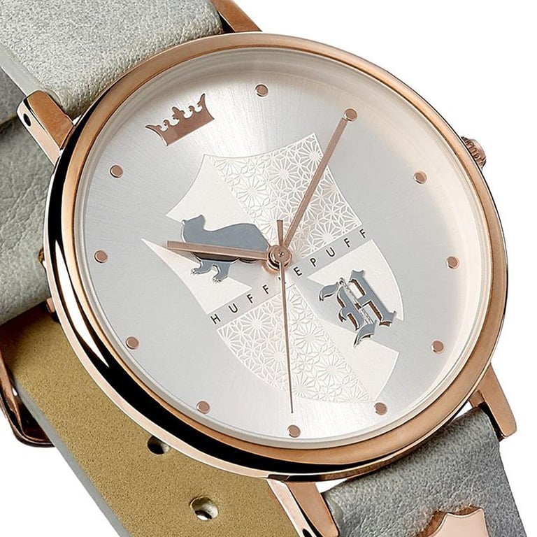 Harry Potter Hufflepuff Ladies Rose Gold Plated Watch with Grey Leather Strap