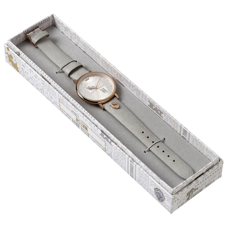 Harry Potter Hufflepuff Ladies Rose Gold Plated Watch with Grey Leather Strap