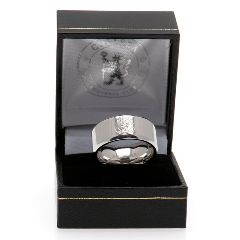 Chelsea FC Stainless Steel Band Ring with Bevelled Edge and Chrome Finish Crest Engraving