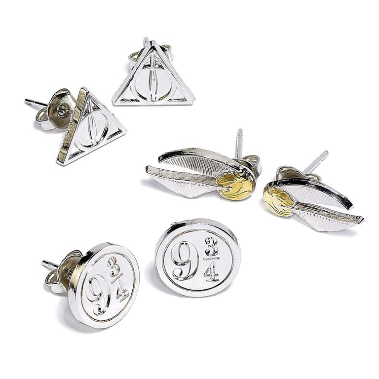 Harry Potter Silver Plated Earrings Set - Deathly Hallows, 9 & 3 Quarters, Golden Snitch