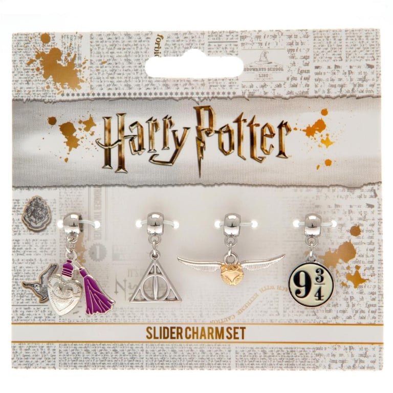 Harry Potter Silver Plated Slider Charm Set - Universal Fit with The Deathly Hallows, Love Potion & Golden Snitch Charms