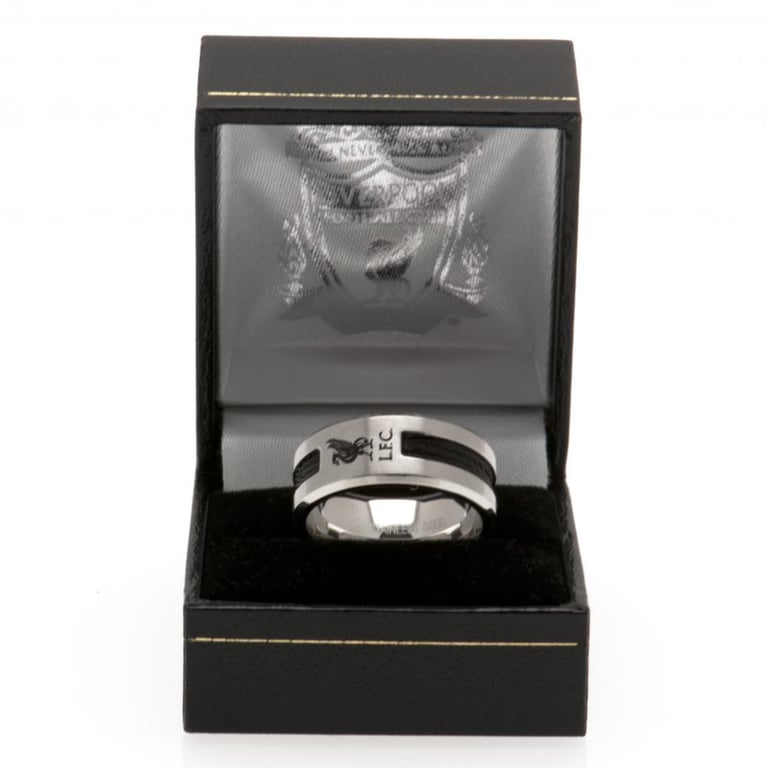 Liverpool FC Black Inlay Stainless Steel Ring with LFC Liverbird Crest Engraving