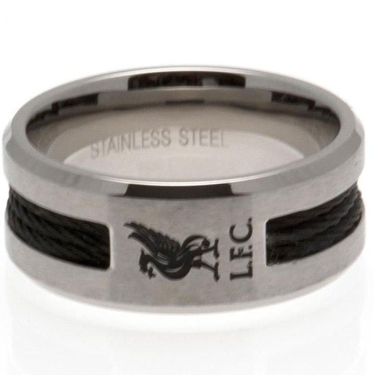 Liverpool FC Black Inlay Stainless Steel Ring with LFC Liverbird Crest Engraving
