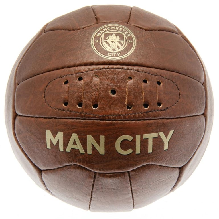 Manchester City FC Faux Leather Heritage Football - 18 Panel Retro Style Ball with Gold Debossed Crest