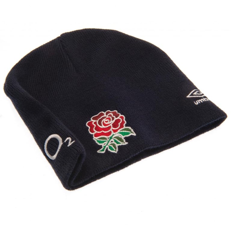 Navy Blue Umbro RFU Crest Beanie - Dome Style Knitted Rugby Hat with Full Colour Embroidery