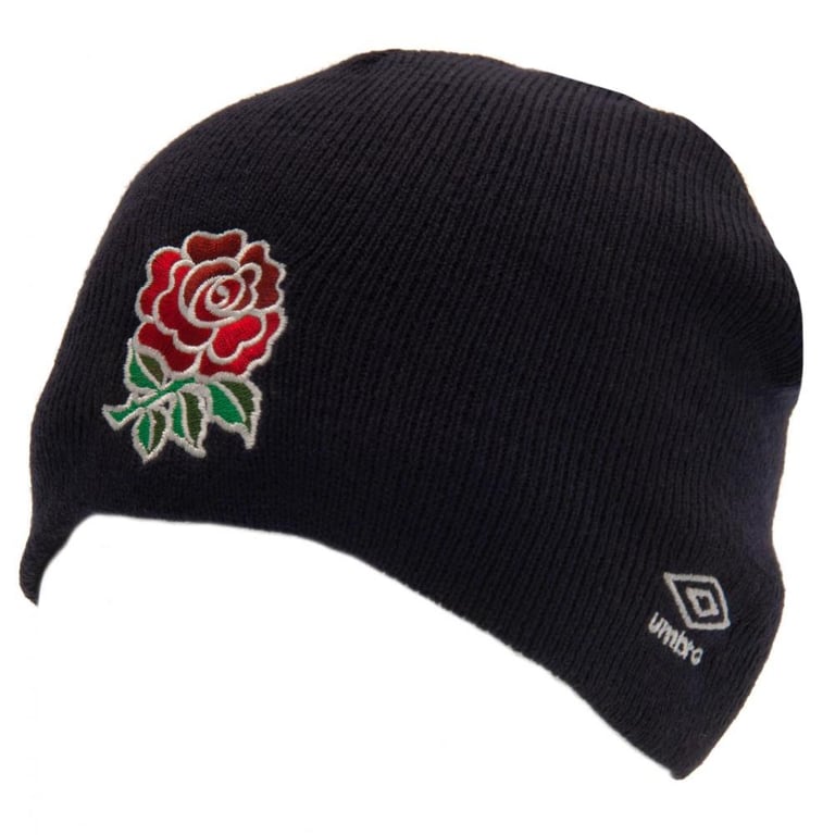 Navy Blue Umbro RFU Crest Beanie - Dome Style Knitted Rugby Hat with Full Colour Embroidery