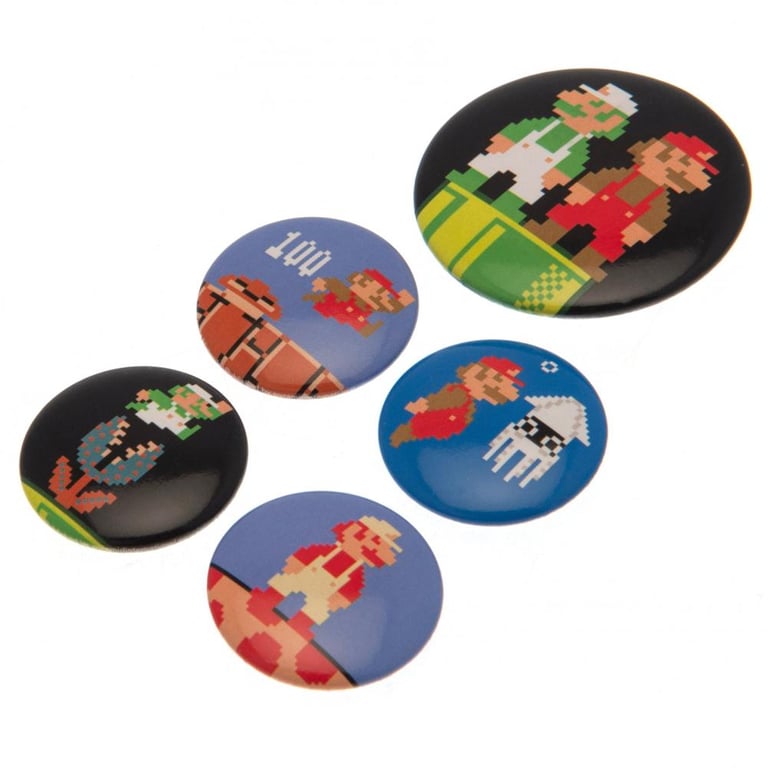 Super Mario Retro Button Badge Set - Collectible Safety Pin Badges for School Bags & Clothing
