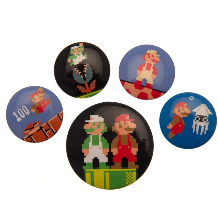 Super Mario Retro Button Badge Set - Collectible Safety Pin Badges for School Bags & Clothing