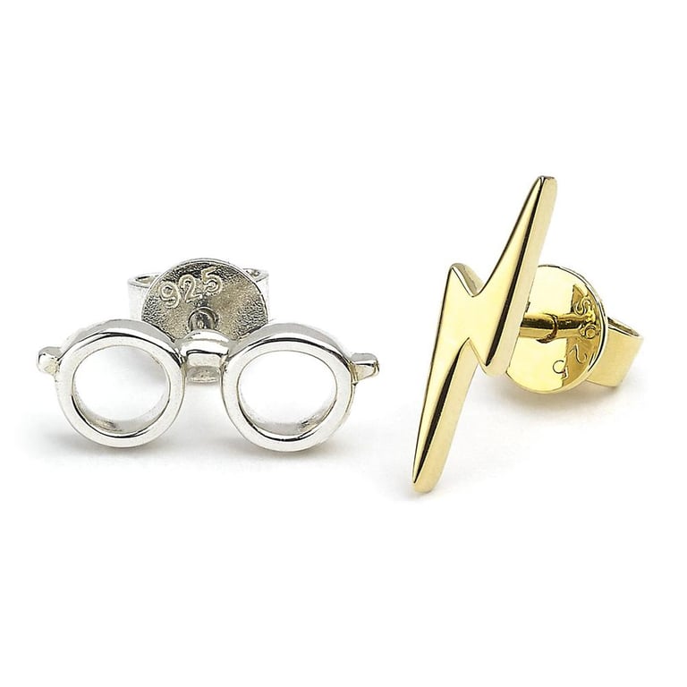 Harry Potter Sterling Silver Earrings - Detailed Lightning Bolt & Glasses Design