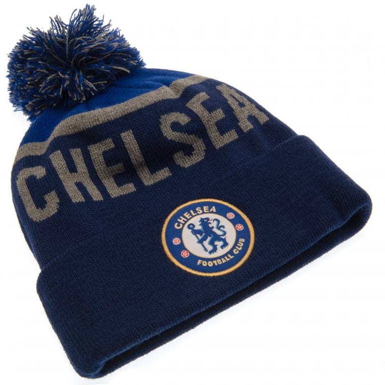 Chelsea FC Navy Beanie Bobble Hat - Jacquard Knit Text & Crest