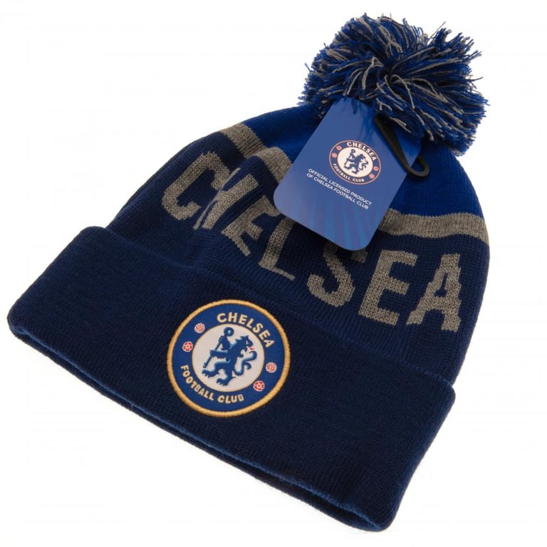 Chelsea FC Navy Beanie Bobble Hat - Jacquard Knit Text & Crest