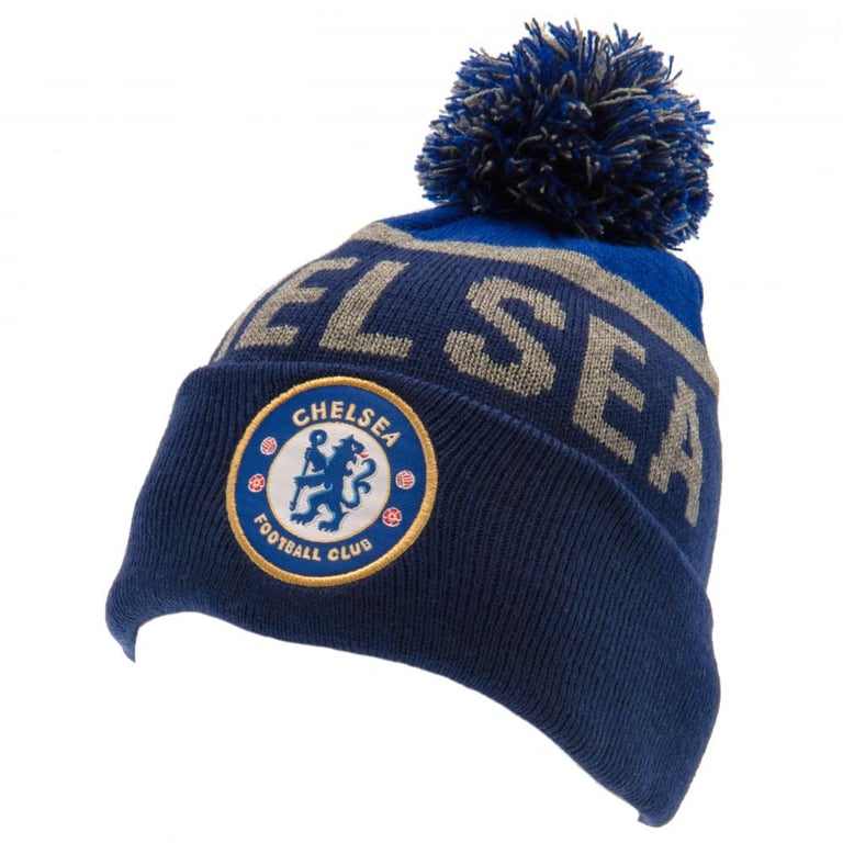 Chelsea FC Navy Beanie Bobble Hat - Jacquard Knit Text & Crest