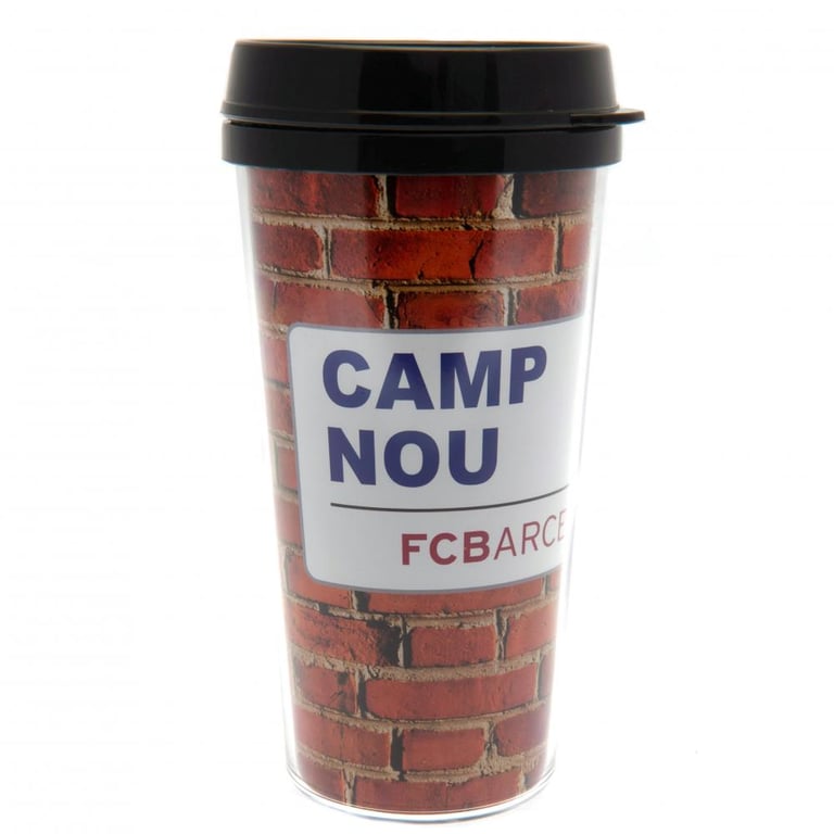 FC Barcelona Street Sign Travel Mug - Brick Wall Design Plastic Cup with Camp Nou Crest