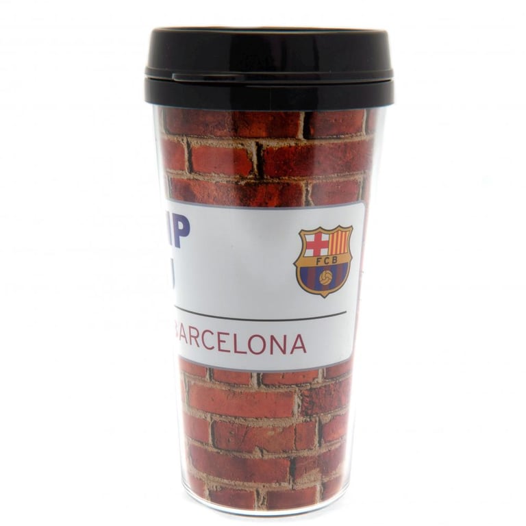 FC Barcelona Street Sign Travel Mug - Brick Wall Design Plastic Cup with Camp Nou Crest