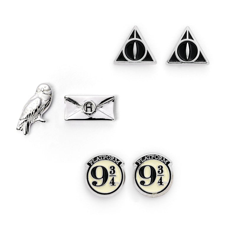 Harry Potter Silver Plated Earring Set - Deathly Hallows & Hogwarts Symbols Stud Earrings
