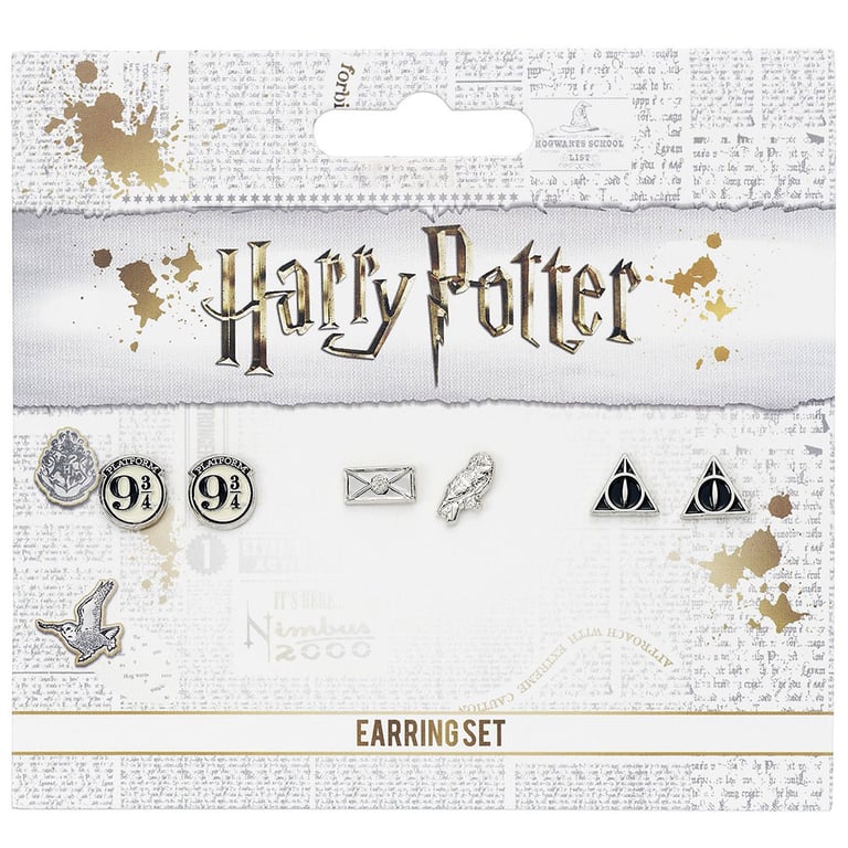 Harry Potter Silver Plated Earring Set - Deathly Hallows & Hogwarts Symbols Stud Earrings