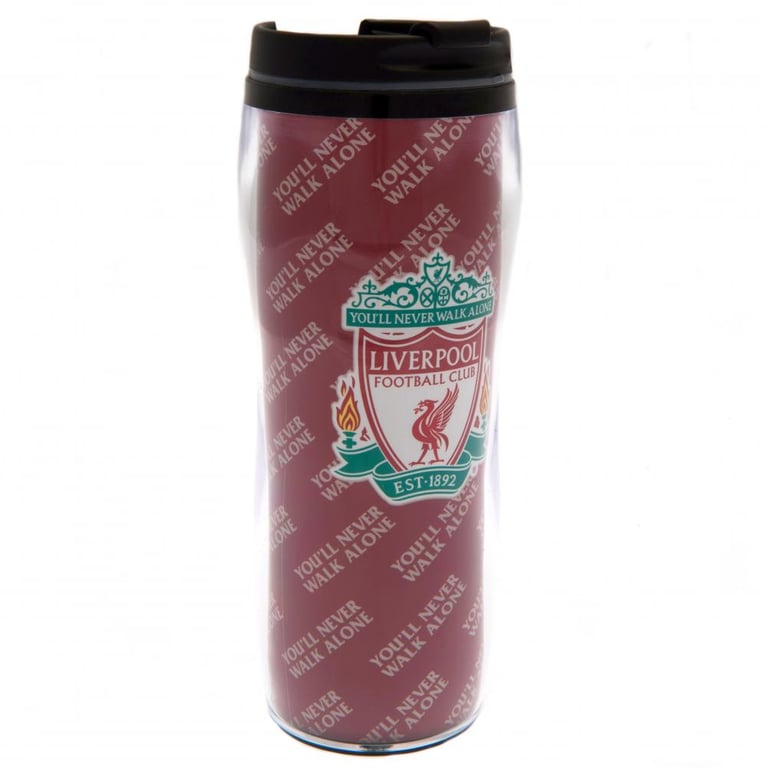 Liverpool FC Heat Changing Travel Mug - Liverpool Crest Design with You ll Never Walk Alone Repeat Pattern and Insulated Screw Top Lid