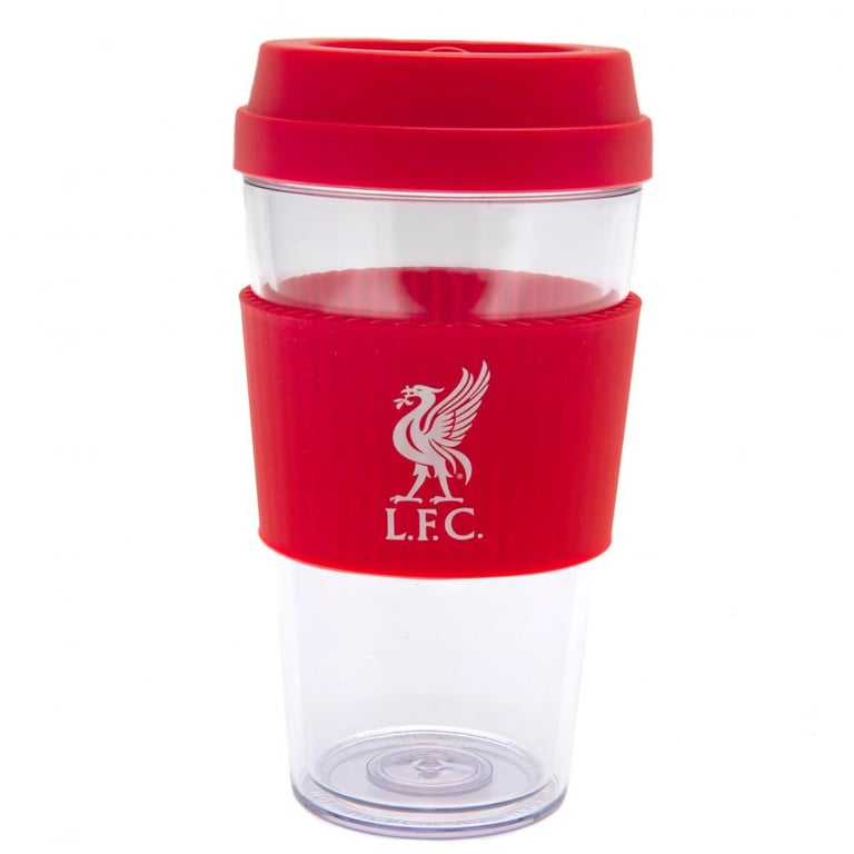 Liverpool FC Liverbird Silicone Grip Travel Mug - Clear Plastic Cup with Team Colour Sleeve and Screw Top Lid