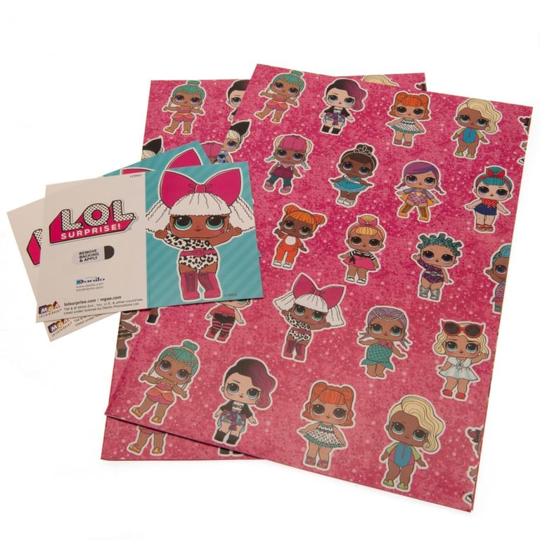 L.O.L. Surprise Gift Wrap - Vibrant Character-Themed Sheets & Tags, Pink Background, Party Supplies