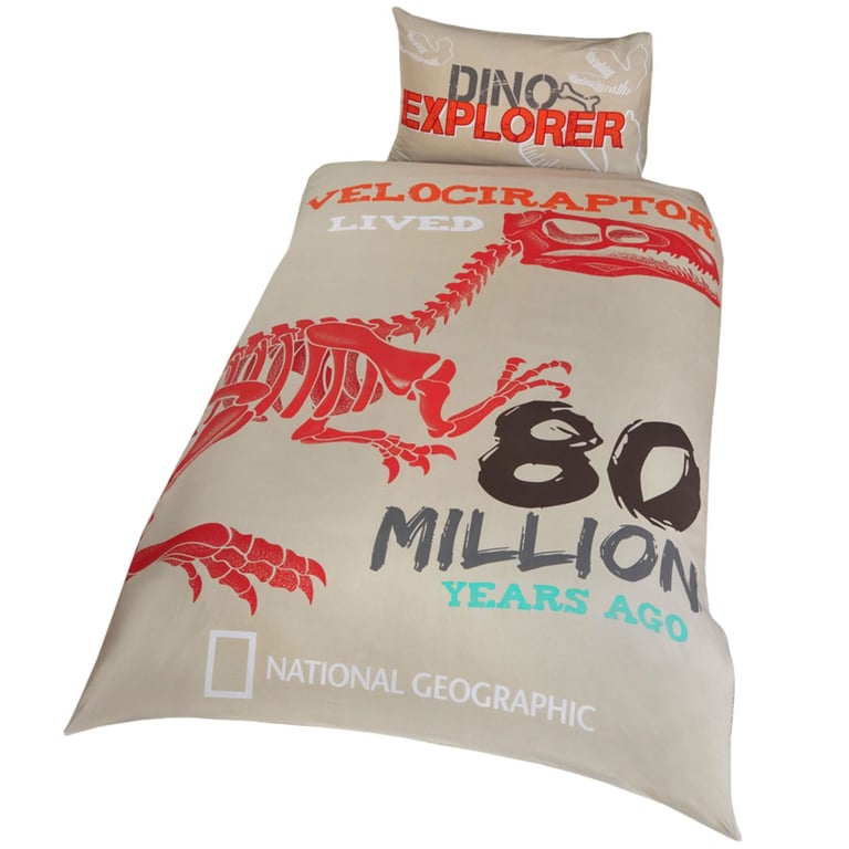 National Geographic Dinosaur Bedding Set - Reversible Fossil Design, 50 Recycled Cotton, Machine Washable Single Duvet Cover and Pillowcase Set