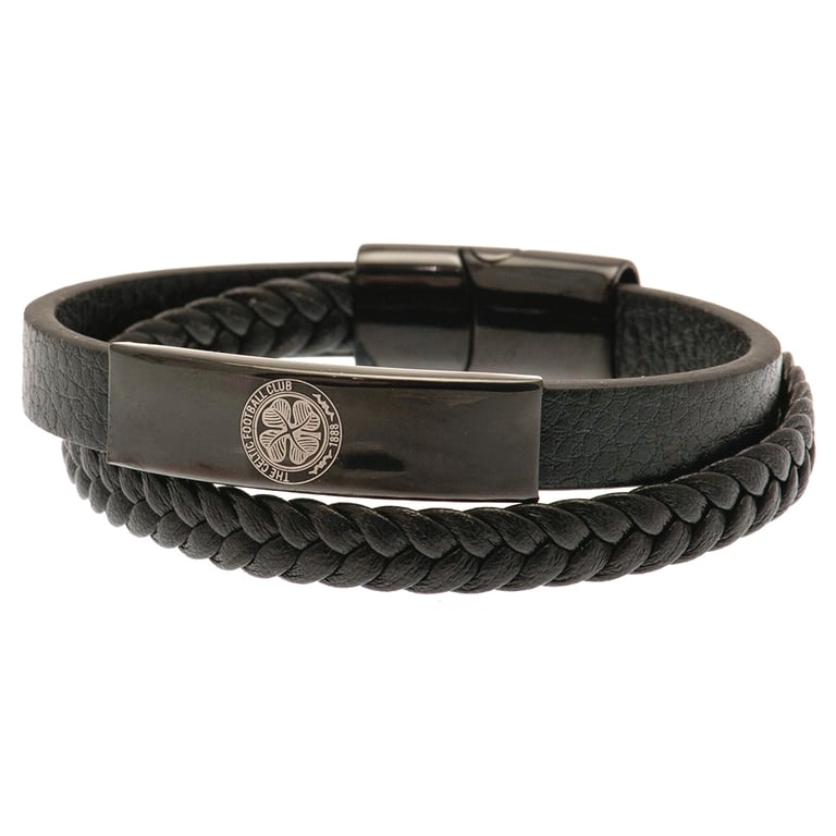 Celtic FC Black IP Leather Twin Design Bracelet - Genuine Leather & Stainless Steel Clasp