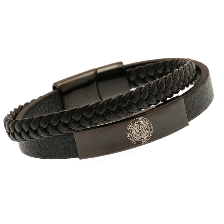 Celtic FC Black IP Leather Twin Design Bracelet - Genuine Leather & Stainless Steel Clasp