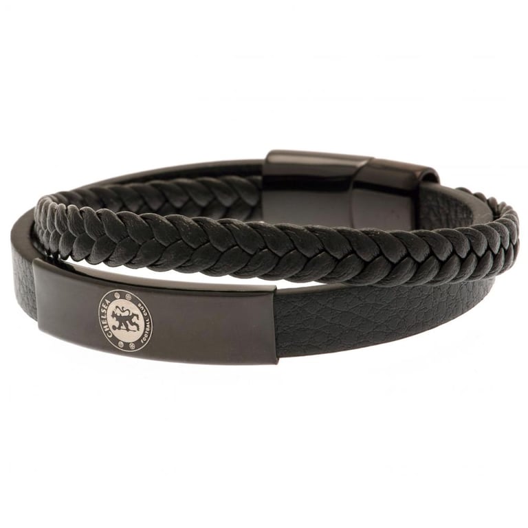 Chelsea FC Genuine Leather Black IP Twin Design Bracelet with Stainless Steel Clasp