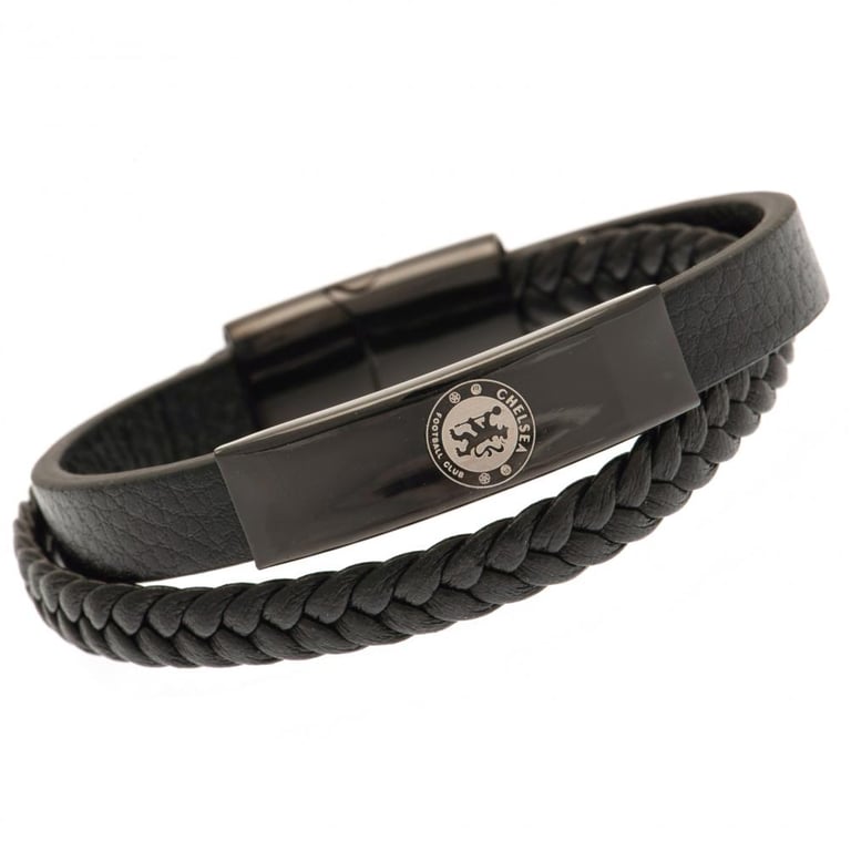 Chelsea FC Genuine Leather Black IP Twin Design Bracelet with Stainless Steel Clasp