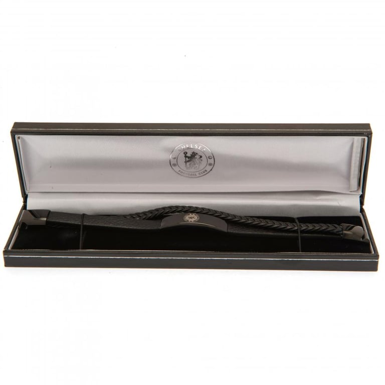 Chelsea FC Genuine Leather Black IP Twin Design Bracelet with Stainless Steel Clasp