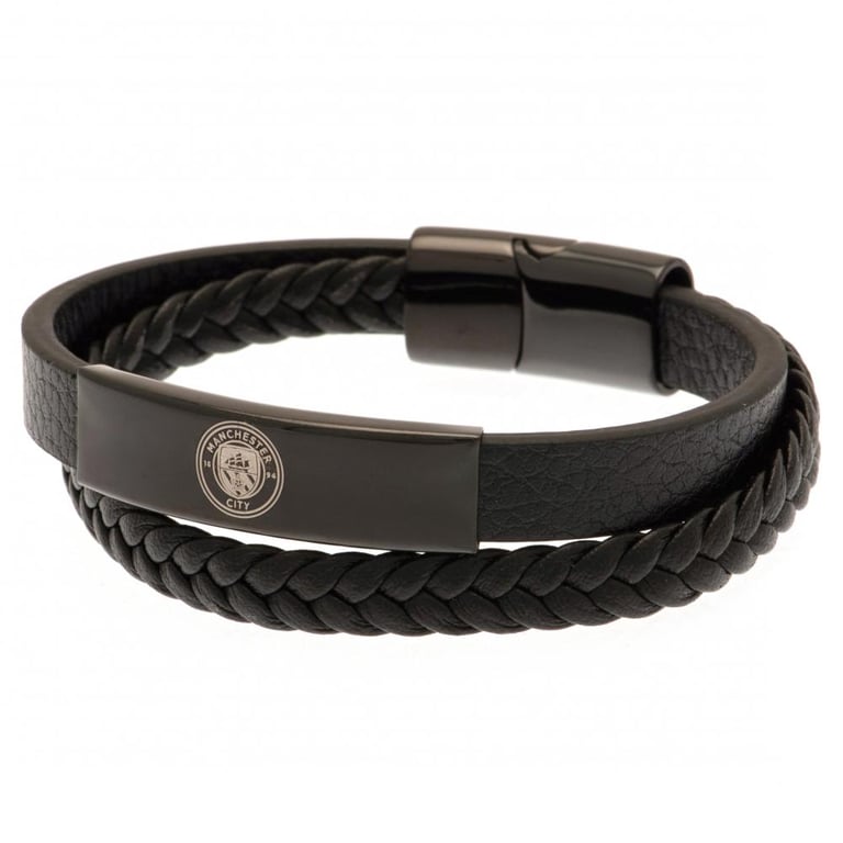 Manchester City FC Black IP Leather Engraved Football Team Bracelet with Stainless Steel Clasp
