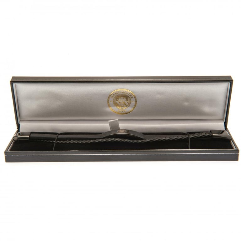 Manchester City FC Black IP Leather Engraved Football Team Bracelet with Stainless Steel Clasp