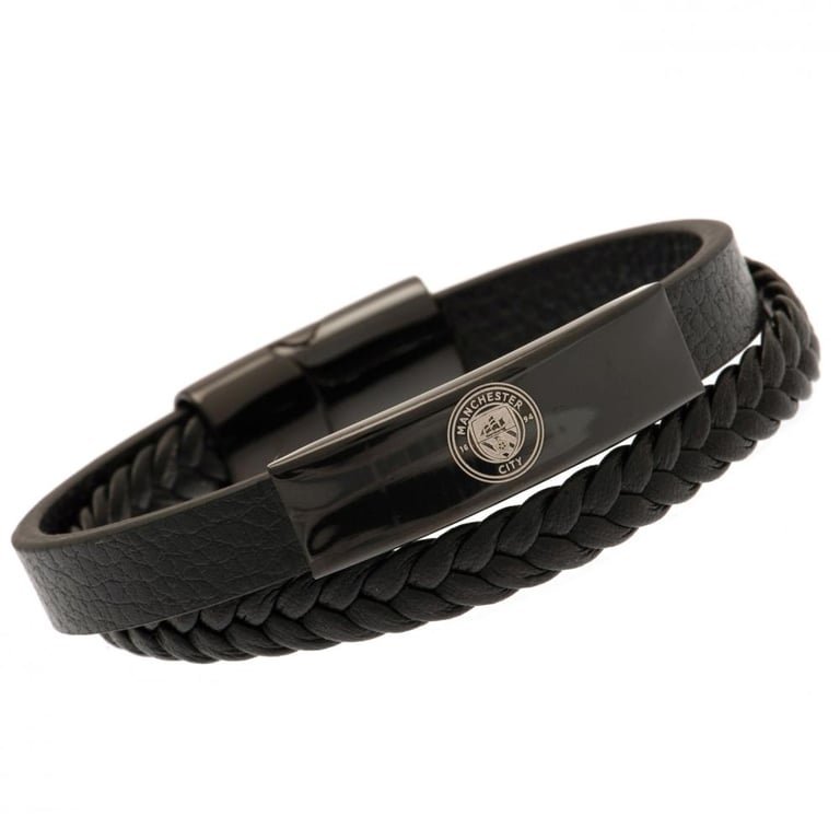 Manchester City FC Black IP Leather Engraved Football Team Bracelet with Stainless Steel Clasp