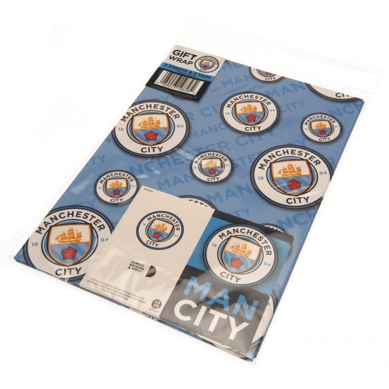 Manchester City FC Crest Gift Wrap - Vibrant Blue Wrap with 2 City Crests and Tags