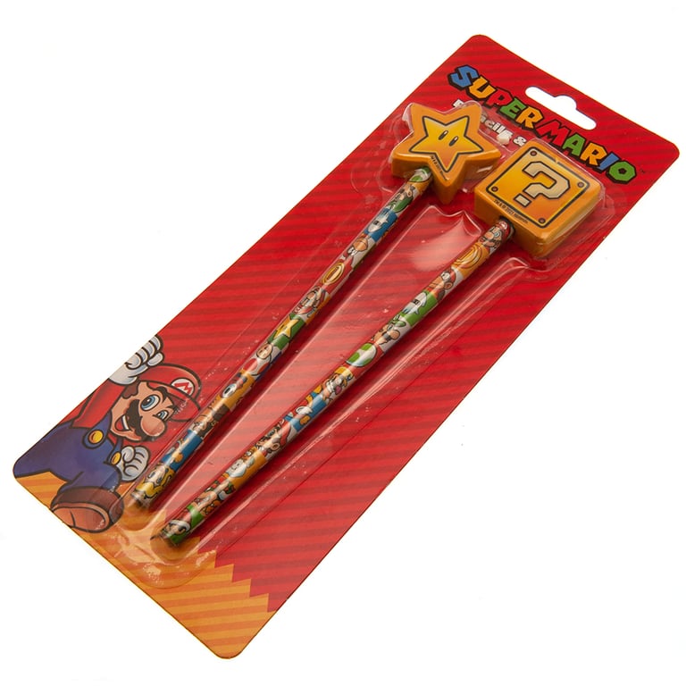 Super Mario 2pk Pencil Set with Colourful Character Print and Mystery Block/ Super Star Eraser Toppers