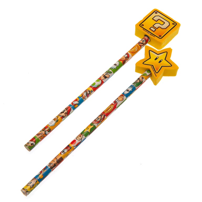 Super Mario 2pk Pencil Set with Colourful Character Print and Mystery Block/ Super Star Eraser Toppers