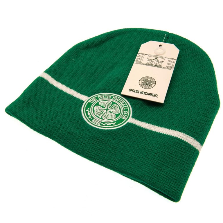 Celtic FC Green Dome Beanie with Crest and White Stripe Detail