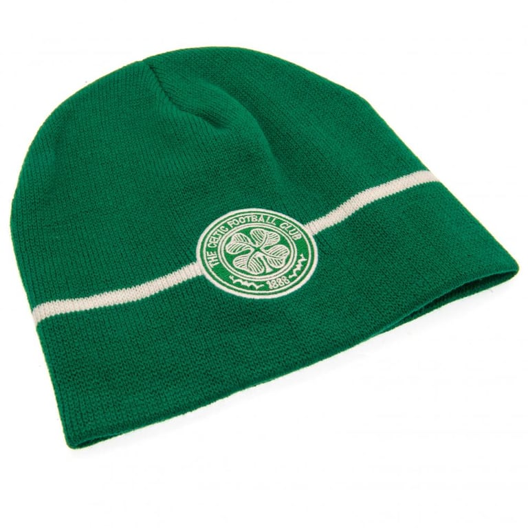 Celtic FC Green Dome Beanie with Crest and White Stripe Detail