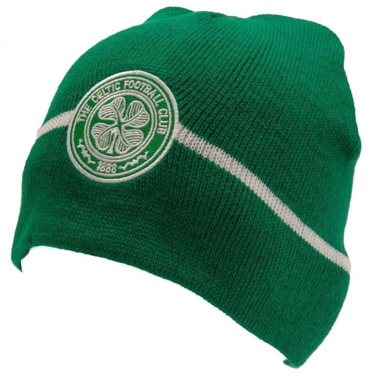 Celtic FC Green Dome Beanie with Crest and White Stripe Detail