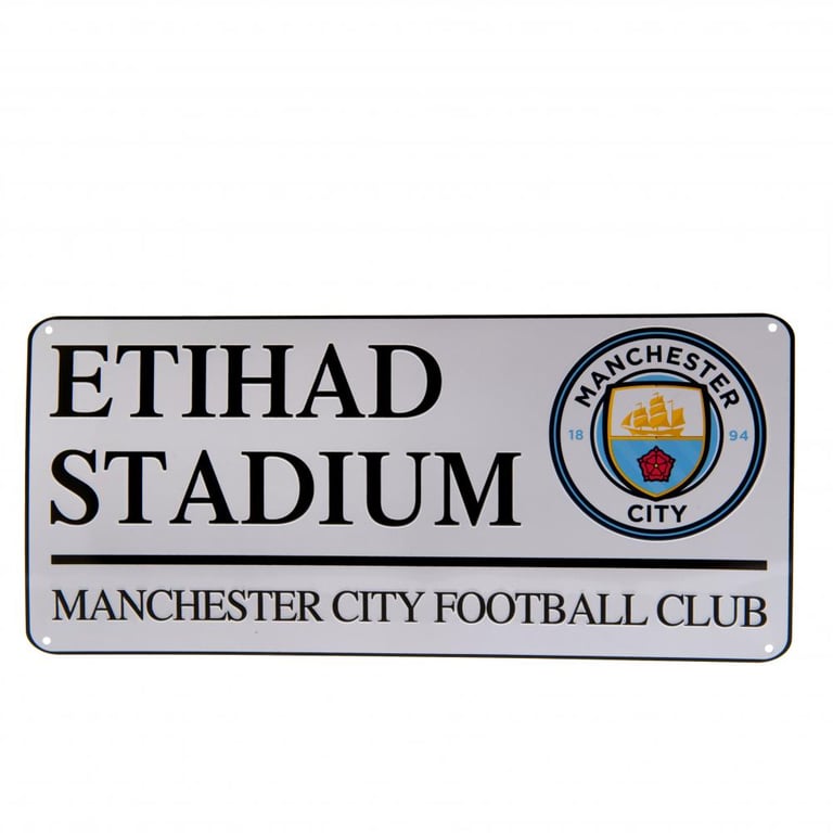 Manchester City FC White Etihad Stadium Road Sign - Gloss Finish Metal Wall Decoration