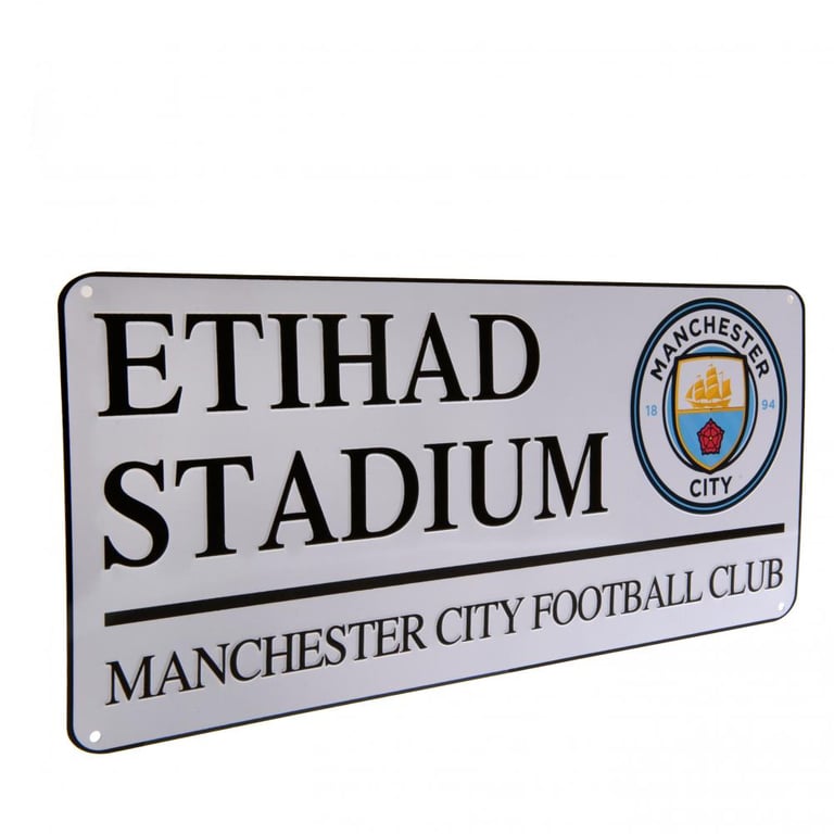 Manchester City FC White Etihad Stadium Road Sign - Gloss Finish Metal Wall Decoration