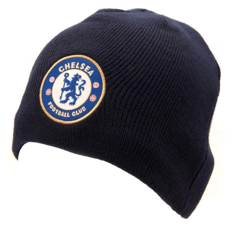 Chelsea FC Navy Beanie - Full Colour Crest Embroidery on Dome Style Knitted Hat