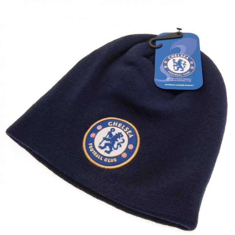 Chelsea FC Navy Beanie - Full Colour Crest Embroidery on Dome Style Knitted Hat
