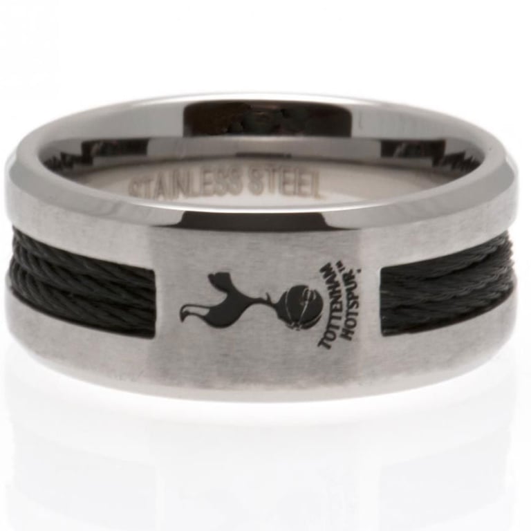 Tottenham Hotspur FC Black Inlay Stainless Steel Ring - Engraved Crest Design, Medium Size