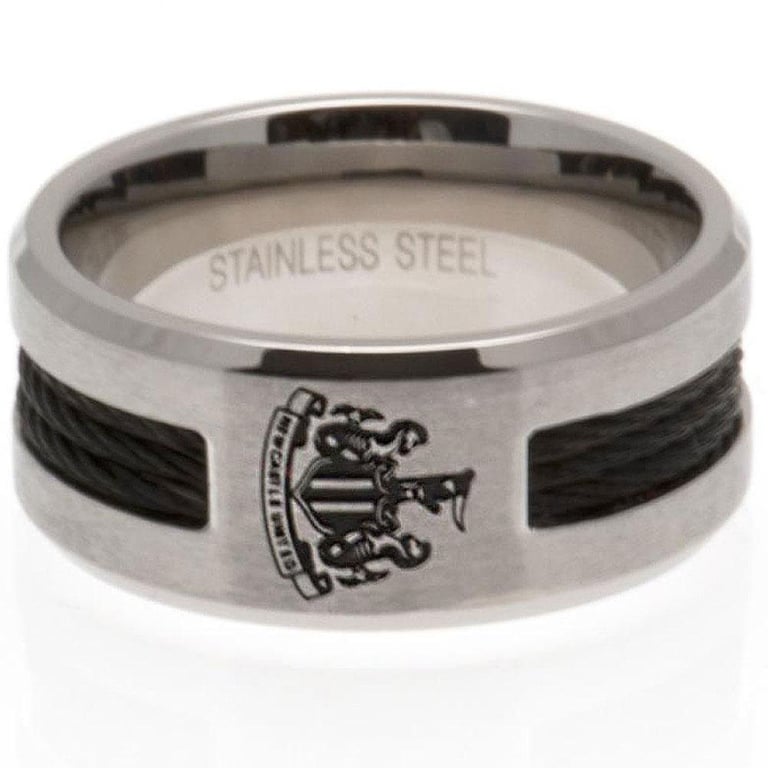 Newcastle United FC Black Inlay Stainless Steel Ring - Brushed Satin Finish Crest Design