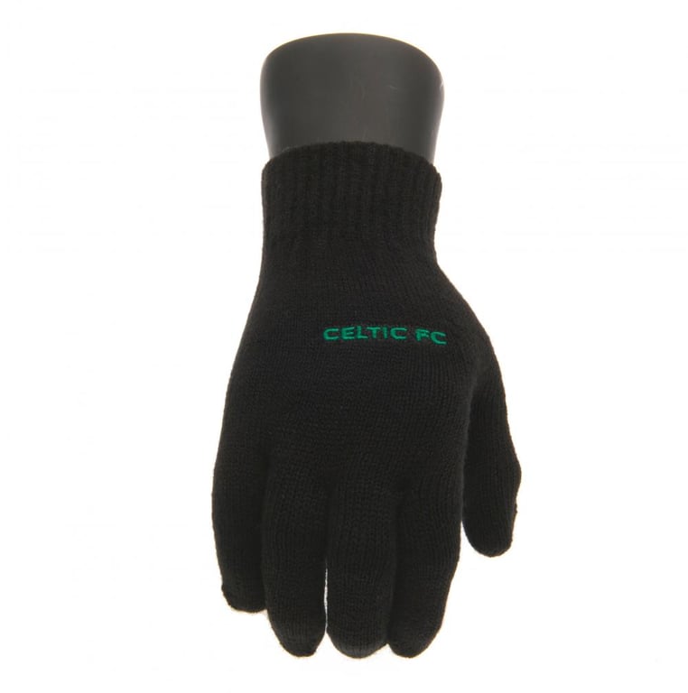 Celtic FC Junior Knitted Gloves - Black Kids Football Gloves with Green Team Text
