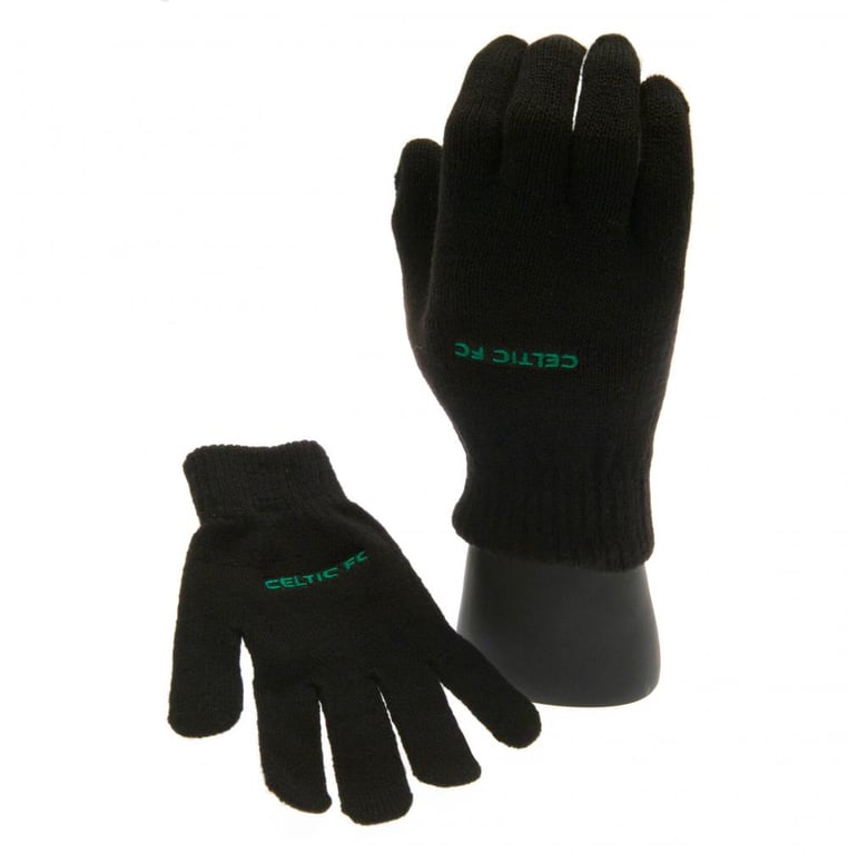 Celtic FC Junior Knitted Gloves - Black Kids Football Gloves with Green Team Text