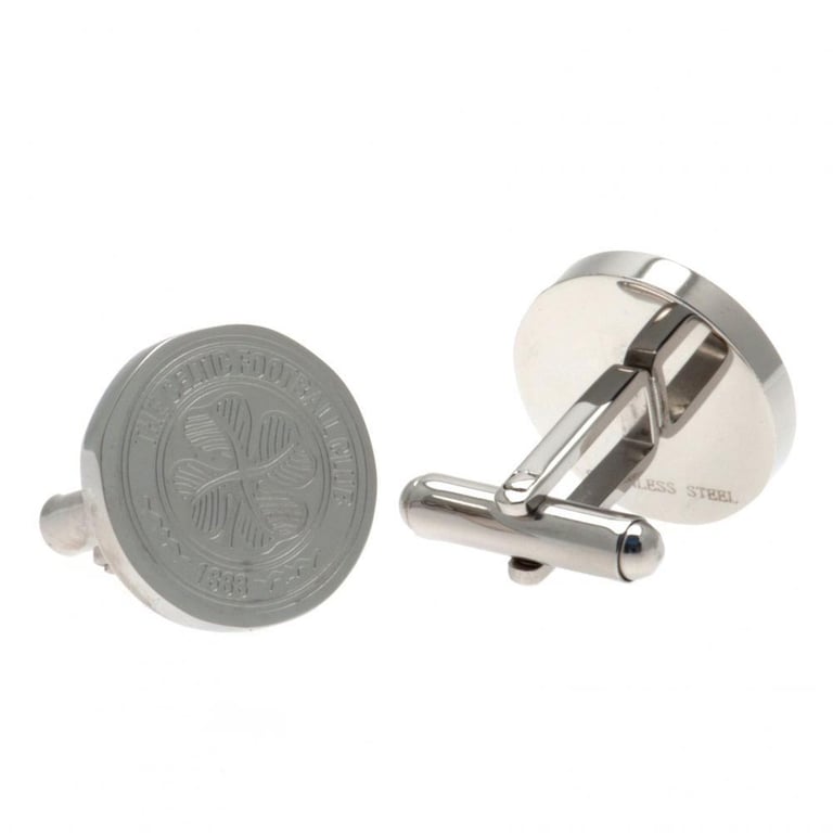 Celtic FC Stainless Steel Crest Cufflinks - Chrome Finish with Detailed Formed Bullet Back Fixing